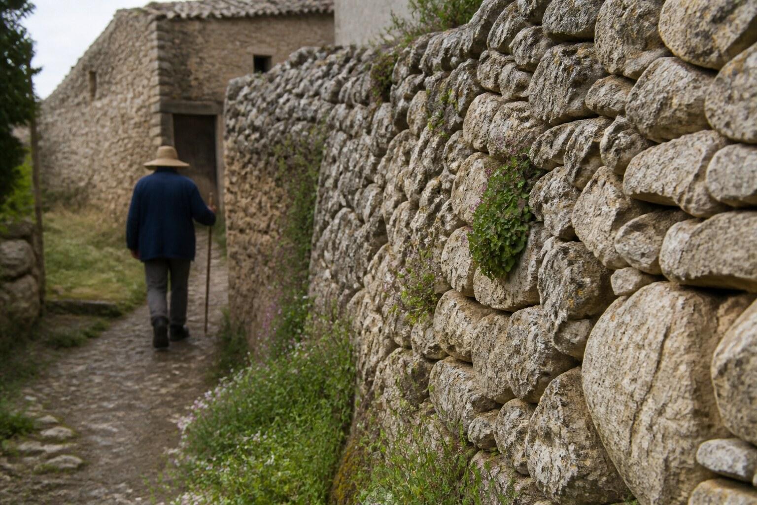 Walker inspecting a dry-stone arch and wall in Conca de Barberà