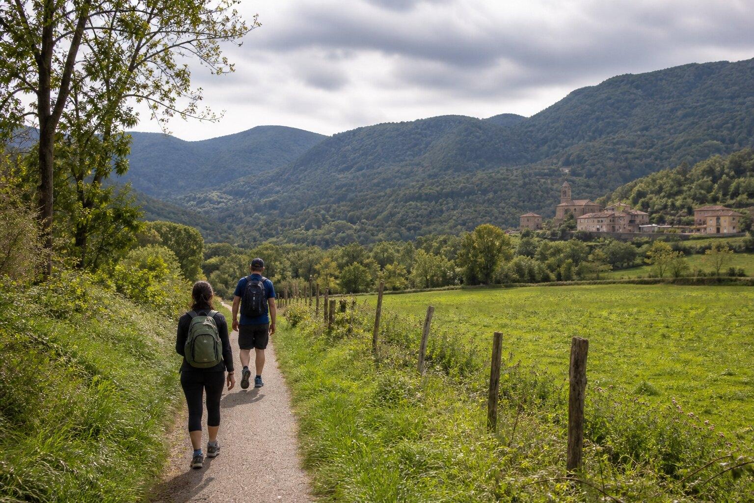 Walkers following a quiet lane across the Vall d'en Bas fields